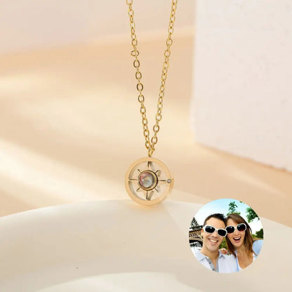 Personalized Stainless Steel Compass Projection Photo Necklace Couple Color Photo Custom Rhinestone Necklace
